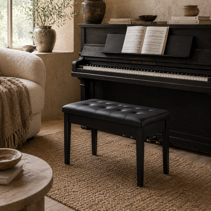 Milara Faux Leather Black Upholstered Piano Bench With Storage Compartment Diamond Tufted Lid