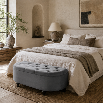 Rafili Velvet Grey Semi Circle Storage Bench With Tufted Seat