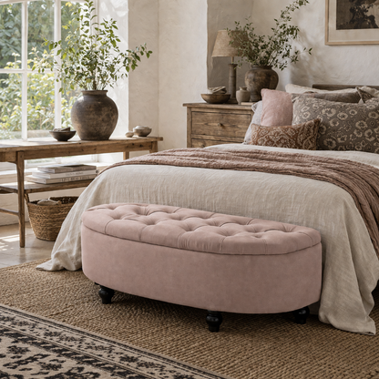 Rafili Velvet Pink Semi Circle Storage Bench With Tufted Seat