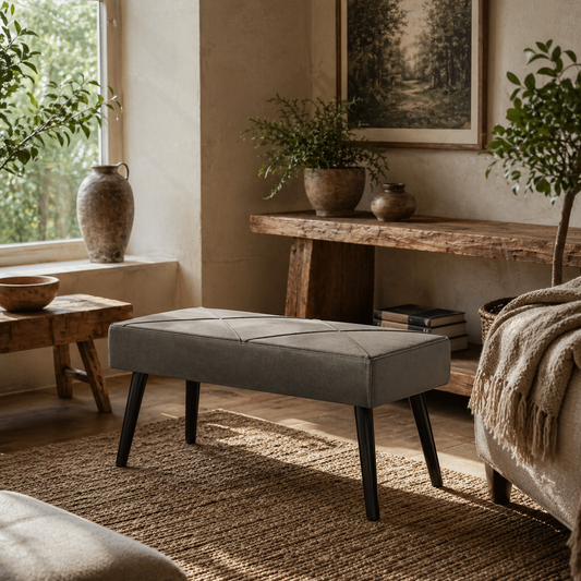 Mazuka Grey End Of Bed Bench With X Frame Black Metal Legs Geometric Pattern