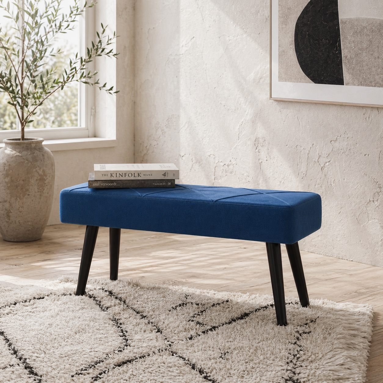 Mazuka Blue End Of Bed Bench With X Frame Black Metal Legs Geometric Pattern
