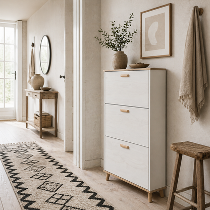 Romola Wooden White and Natural Slim Shoe Cabinet With 3 Flip Drawers For 12 Pairs