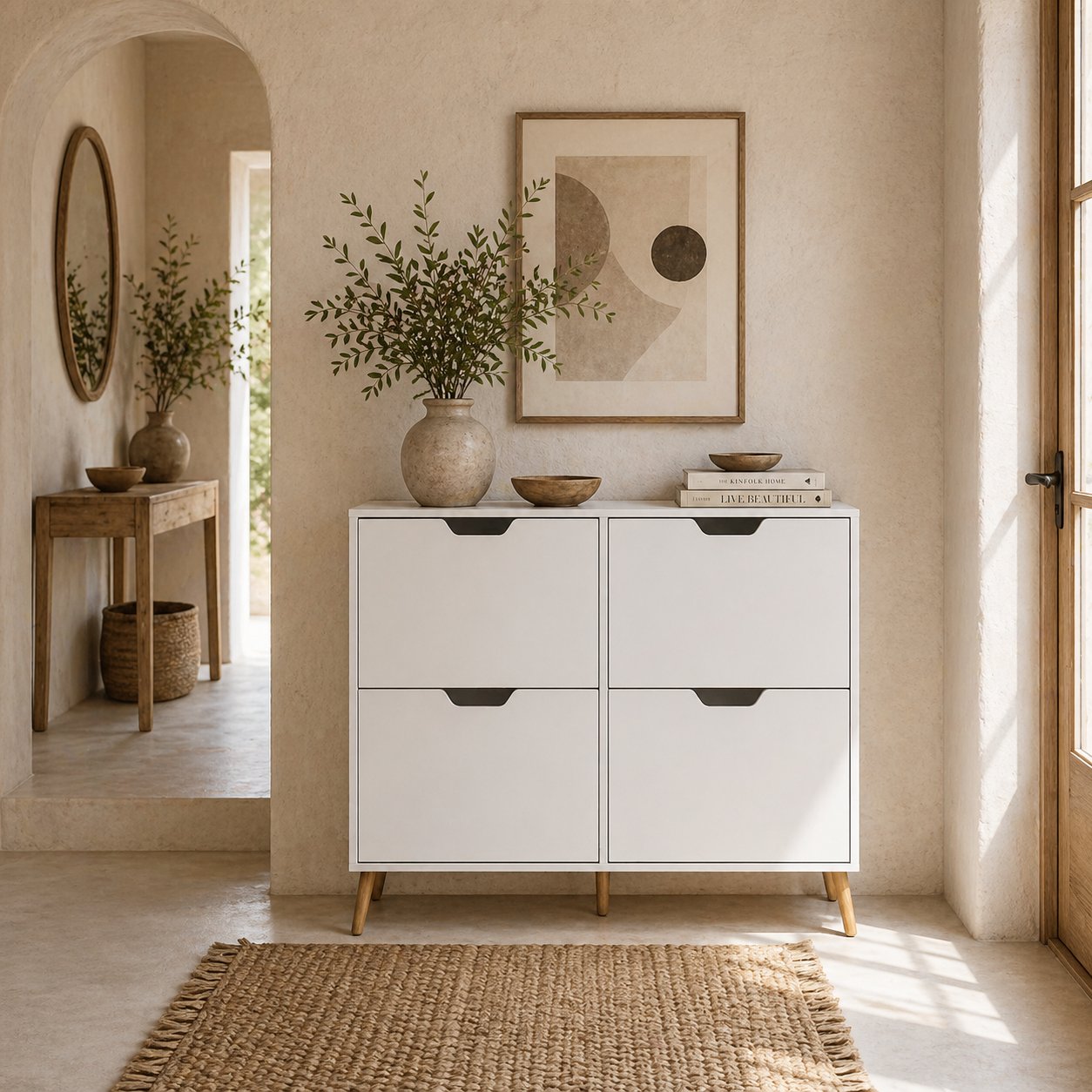 Toyo Wooden White Shoe Cabinet With 4 Flip Drawers for 16 Pairs