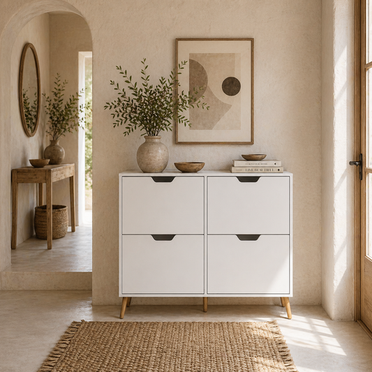 Toyo Wooden White Shoe Cabinet With 4 Flip Drawers for 16 Pairs
