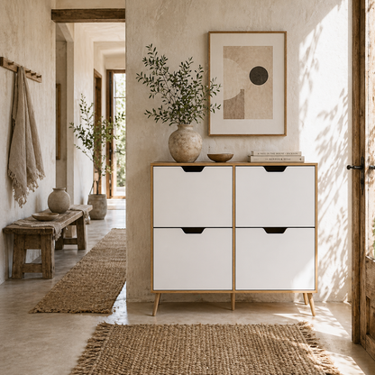 Margarita Wooden Natural  and White Shoe Cabinet With 4 Flip Drawers For 8 To 16 Pairs