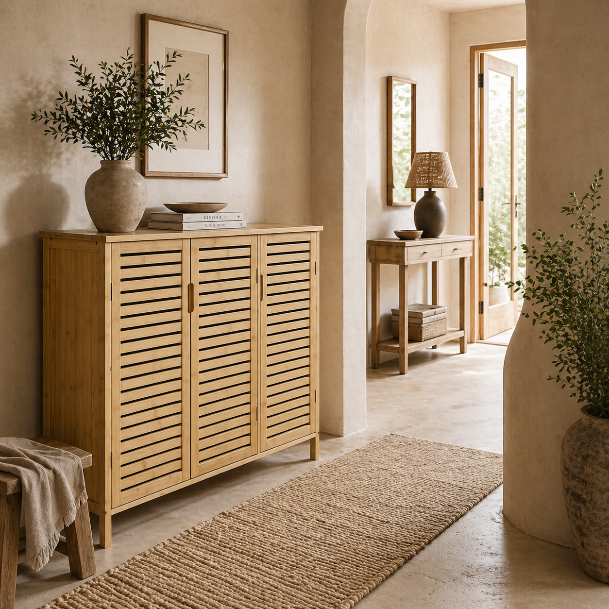 Elfi Naba Wooden Natural Rustic Slatted 3 Door Shoe Cabinet With 8 Shelves