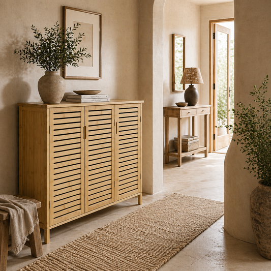Elfi Naba Wooden Natural Rustic Slatted 3 Door Shoe Cabinet With 8 Shelves