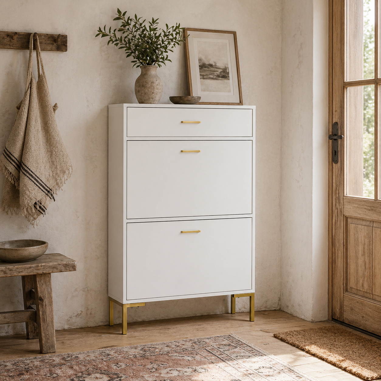 Suto Wooden White Slim Shoe Cabinet With 3 Drawers For 12 Pairs