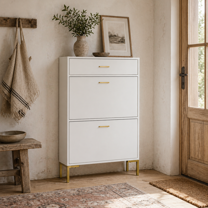 Suto Wooden White Slim Shoe Cabinet With 3 Drawers For 12 Pairs