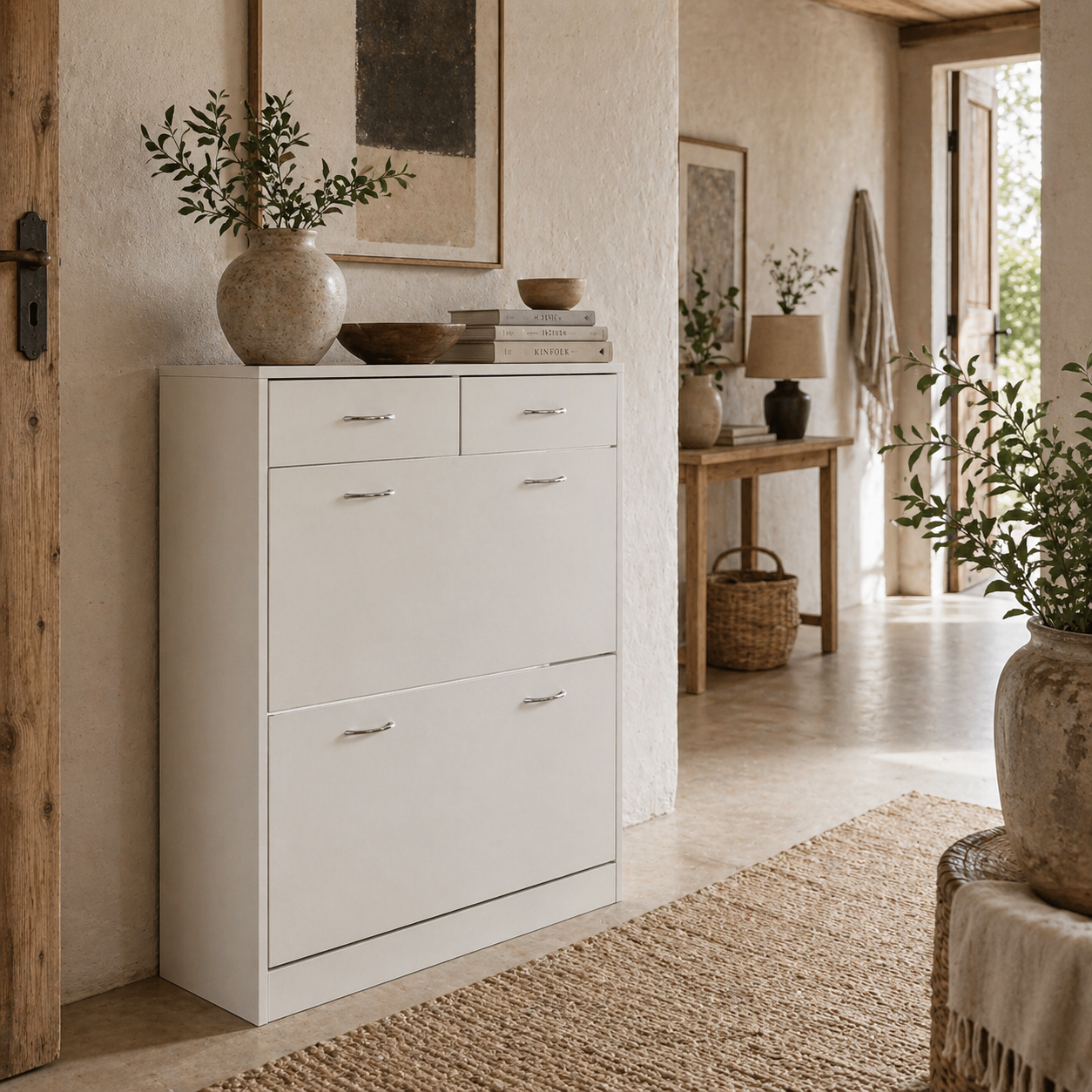 Fafina Wooden White Slim Shoe Cabinet With 2 Flip Drawers For 12 Pairs