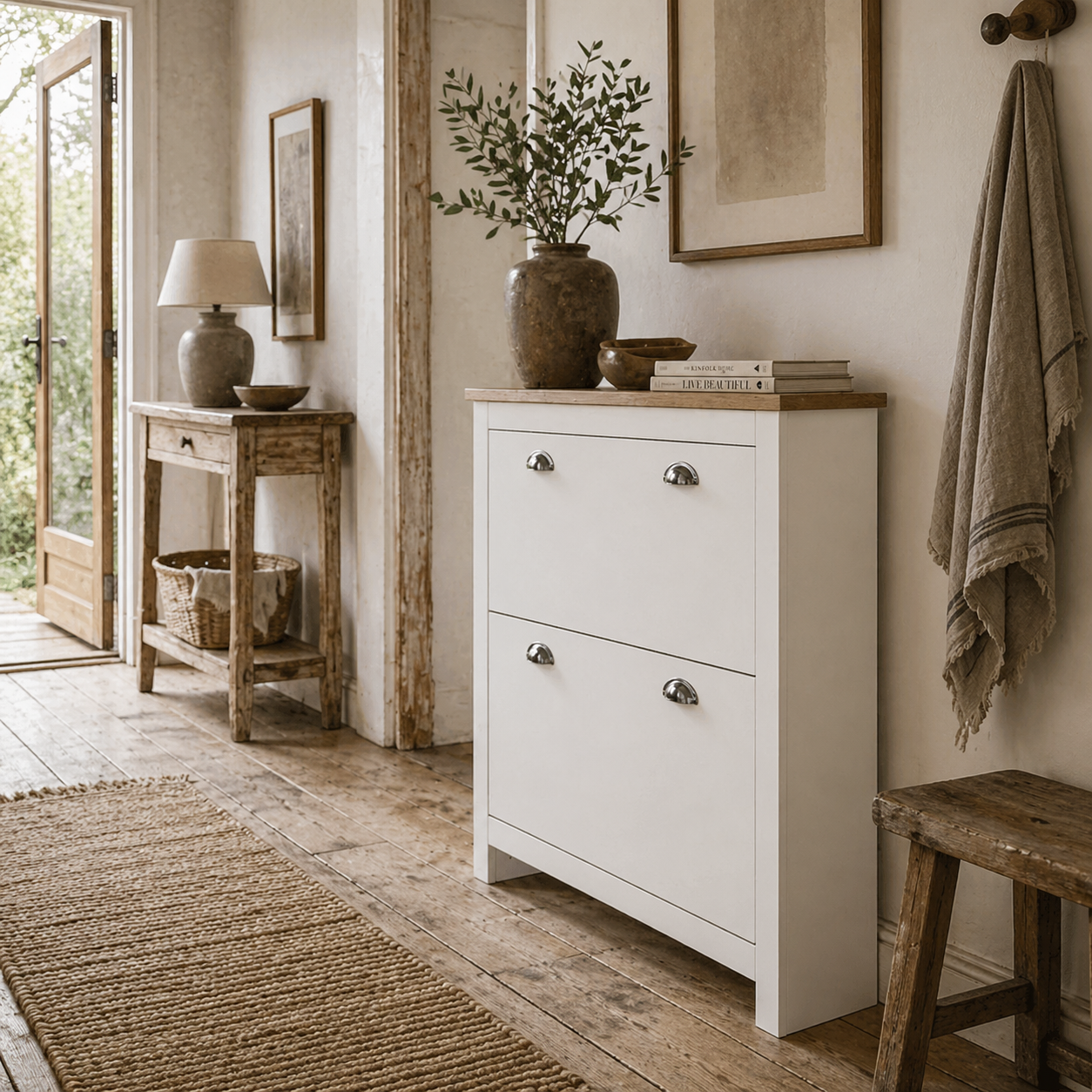 Neneka Wooden White and Natural Slim Shoe Cabinet With 2 Flip Drawers For 12 Pairs