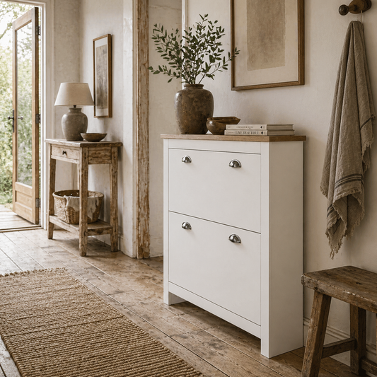 Neneka Wooden White and Natural Slim Shoe Cabinet With 2 Flip Drawers For 12 Pairs