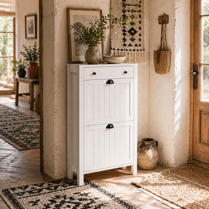 Sora Wooden White Slim Shoe Cabinet With 2 Flip Drawers