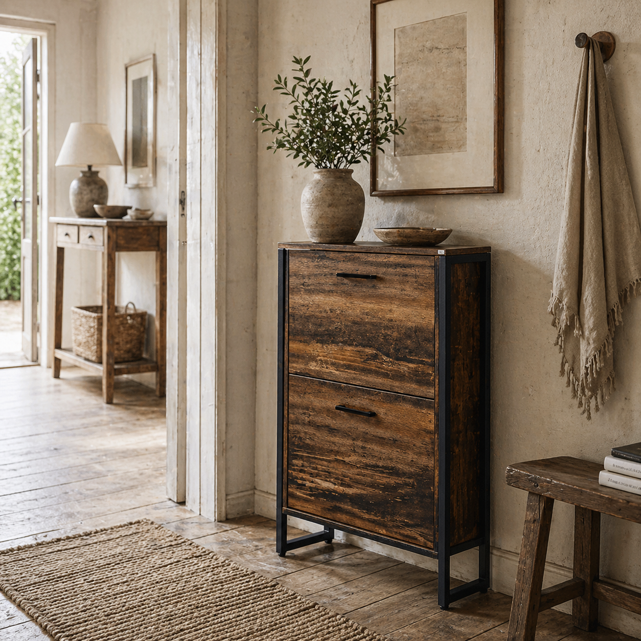 Conine Rustic Wood Effect 2 Door Shoe Storage Cabinet For 12 Pairs
