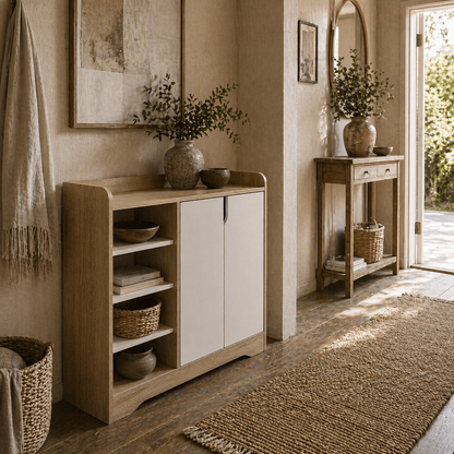 Nopaba Wooden Natural And White Shoe Cabinet With Double Doors And Shelves For 13 Pairs