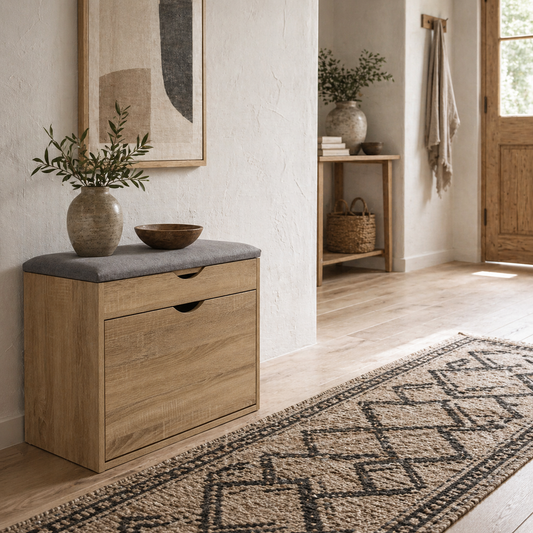 Zielma Wooden Natural Shoe Bench With Flip Up Storage And Grey Cushioned Seat