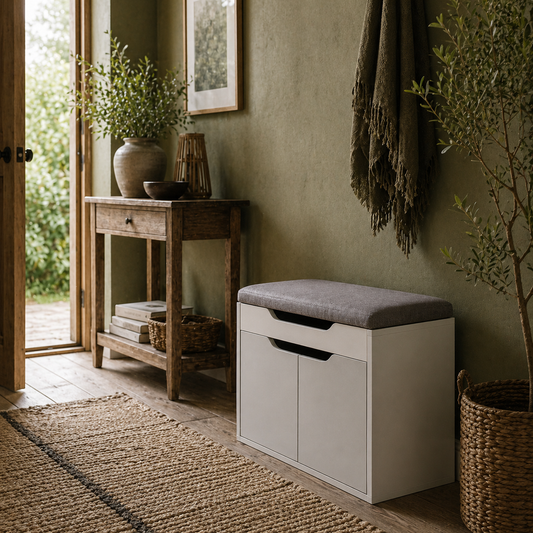 Fasoel Wooden Light Grey Shoe Bench With Cushioned Seat 2 Tier Storage