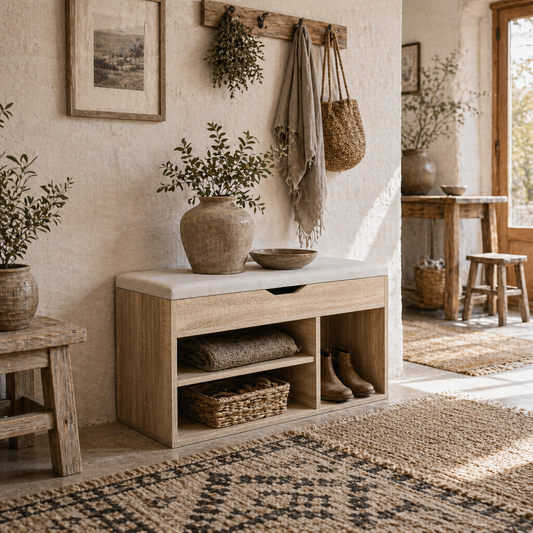 Sonala Wooden Oak Shoe Storage Bench With Hidden Compartment And Padded Seat