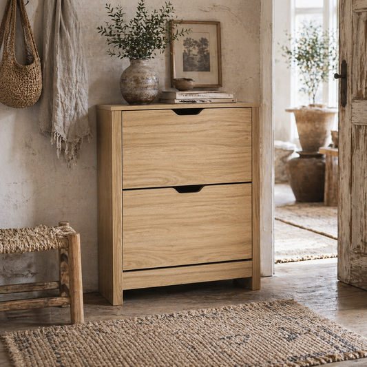 Sato Rilu Wooden Natural Slim Shoe Cabinet With 2 Flip Drawers For 12 Pairs