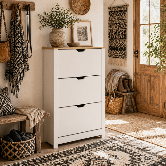 Rokeha Wooden White and Natural Narrow Shoe Cupboard With 3 Flip Drawers For 18 Pairs