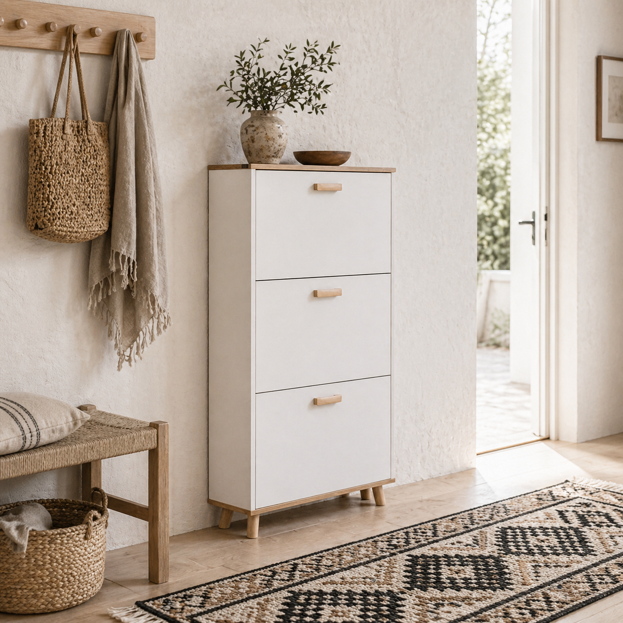 Ellora Lera Wooden White and Natural Slim Shoe Cabinet With 3 Flip Drawers For 12 Pairs