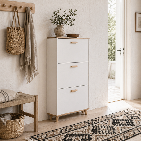 Ellora Lera Wooden White and Natural Slim Shoe Cabinet With 3 Flip Drawers For 12 Pairs