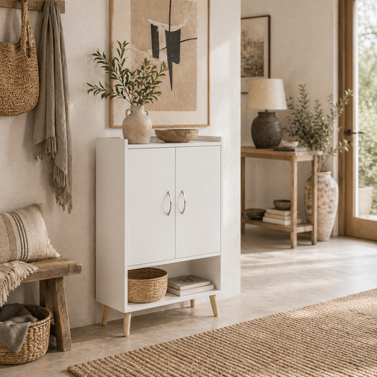 Keno Wooden White Modern Shoe Cupboard With Doors And Internal Shelving