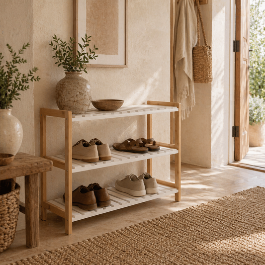 Roello Elta Wooden Natural and White 3 Tier Shoe Rack With Slatted Shelves