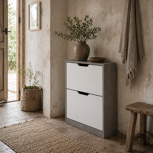 Lohase Wooden White and Grey Shoe Cabinet With 2 Drawers Grooved Handles