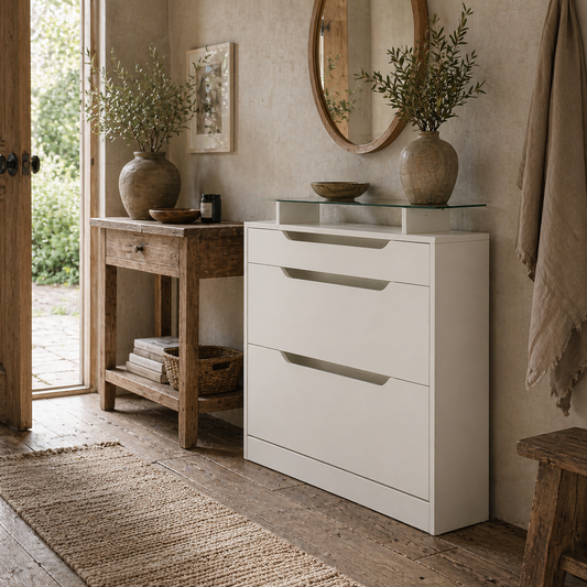 Masola Wooden White Shoe Cabinet With Sliding Drawer 2 Flip Doors And Glass Top