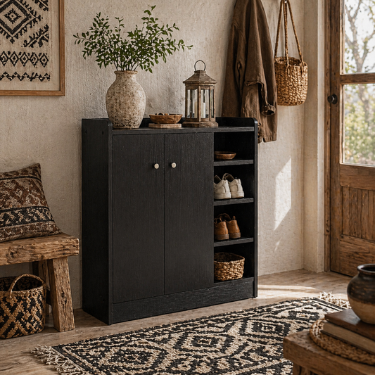Rala Wooden Black Shoe Cupboard With 2 Doors 9 Shelves