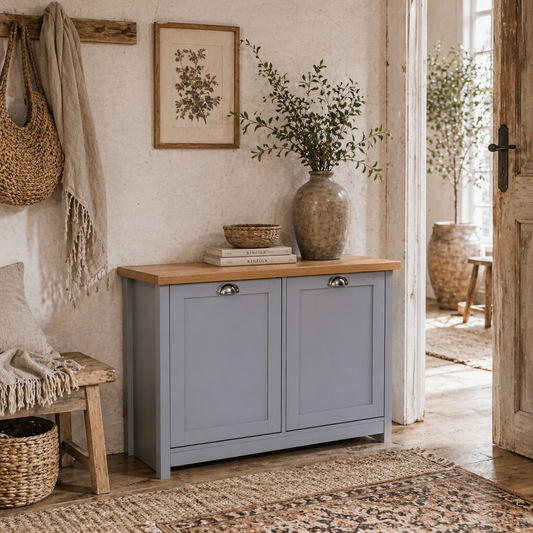 Zifa Grey and Natural Wooden  Shoe Cabinet With 2 Doors For Hallway Storage