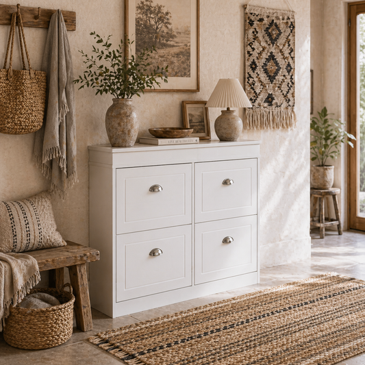 Sozita Wooden White 4 Flip Drawer Shoe Cabinet With Adjustable Shelves For Entryway