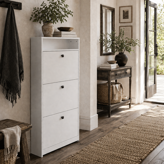 Kero Vemo Wooden White Slim Shoe Cabinet With 3 Flip Doors And Shelf