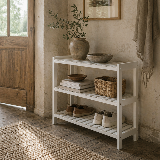 Vafino Wooden White 3 Tier Slatted Shoe Rack With Slatted Shelves