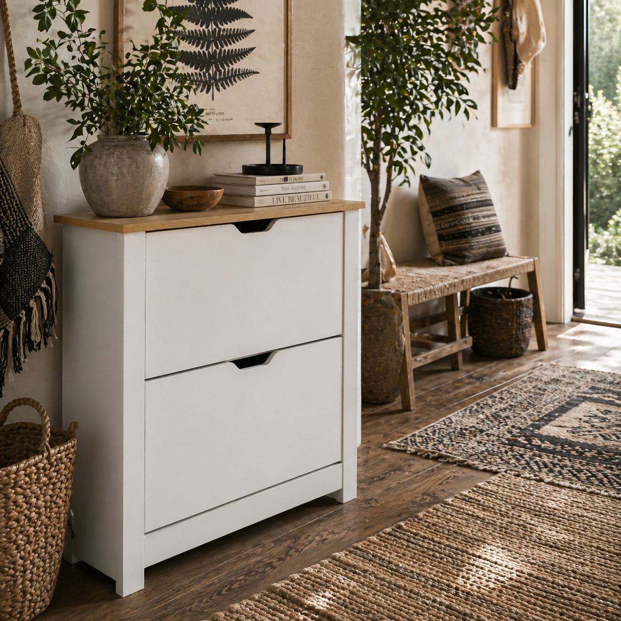 Eldino Wooden White and Natural Slim Shoe Cabinet With 2 Flip Drawers For 12 Pairs