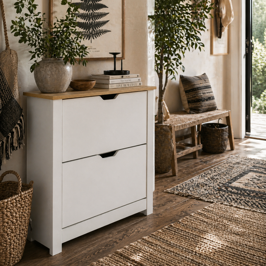 Eldino Wooden White and Natural Slim Shoe Cabinet With 2 Flip Drawers For 12 Pairs