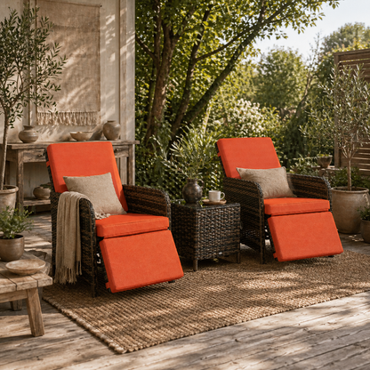 Haridi Brown Rattan and Orange 3 Piece Bistro Set With Cushions And Storage Table