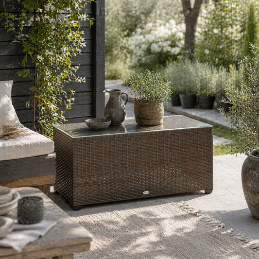 Pata Rattan Brown Rattan Outdoor Coffee Table Glass Top