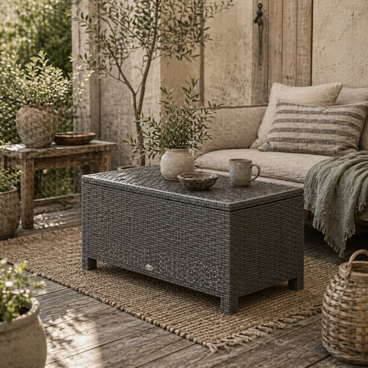 Viluno Pafi Rattan Light Grey Outdoor Coffee Table With Glass Top