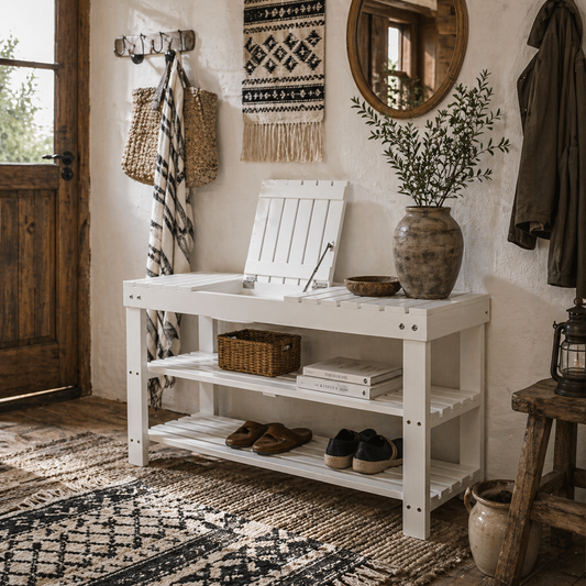 Mato Wooden White 3 Tier Slatted Shoe Bench With Hidden Compartment