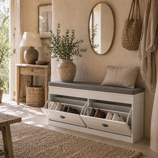 Nedola Wooden White Shoe Storage Bench With Cushioned Seat 2 Flip Drawers