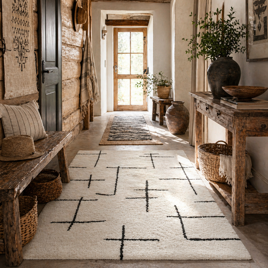Soelvi White and Black Fluffy High Pile Geometric Rug 170 x 120cm