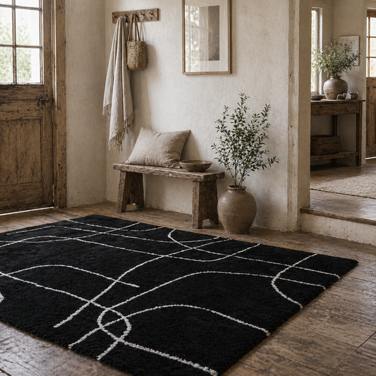 Eldi Black and White Fluffy High Pile Geometric Rug 170 x 120cm