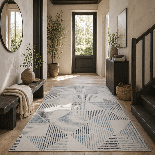 Kela Blue Grey and White Colour Geometric Triangle Non Slip Rug 290 x 200cm