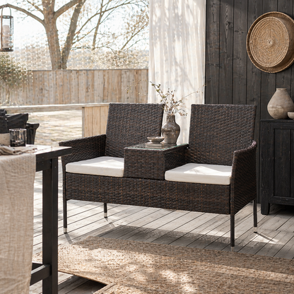 Renata Faux Rattan Brown 2 Seat Garden Chair With Integrated Coffee Table