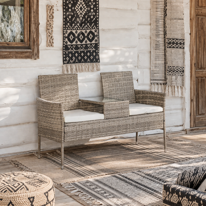 Vama Faux Rattan Light Grey 2 Seat Garden Chair With Integrated Coffee Table