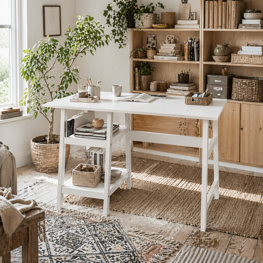 Hakeka 106cm White Wooden Compact Desk With Bookshelf Storage