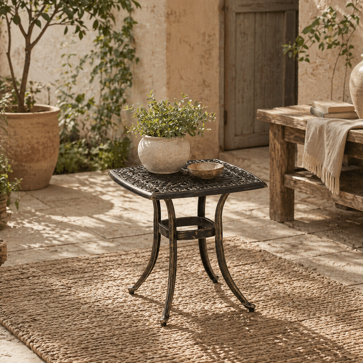 Mave Cast Aluminium Bronze Patio Coffee Table With Central Umbrella Hole