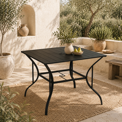 Hareni Steel Black Outdoor Garden Table With Slatted Top And Parasol Hole
